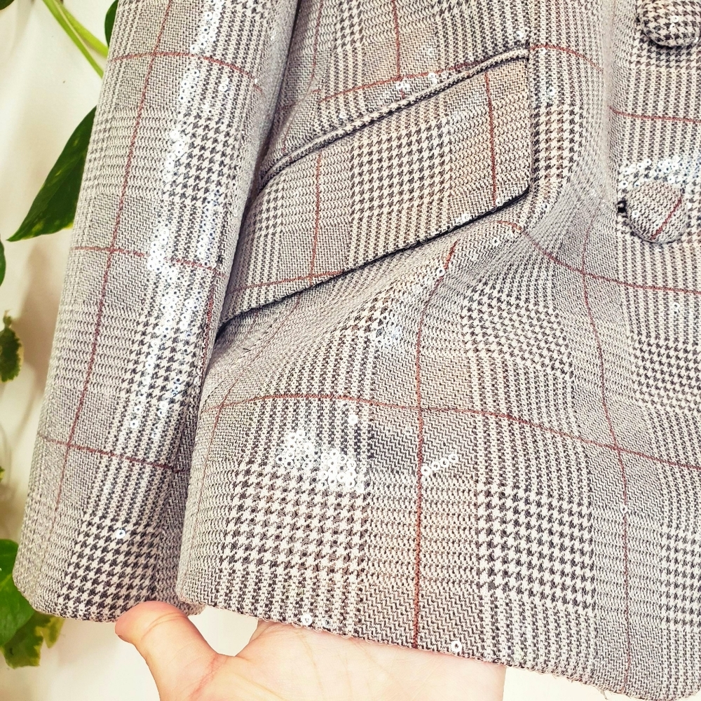 $495 NWT BADGLEY MISCHKA Plaid Blazer Silver Coat XS Button down Sparkle Chic - Picture 7 of 14